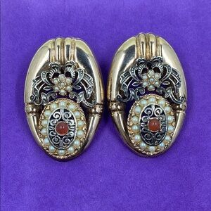 💛 Antique Art Deco Gold & Silver Floral Pearl & Carnelian Earrings